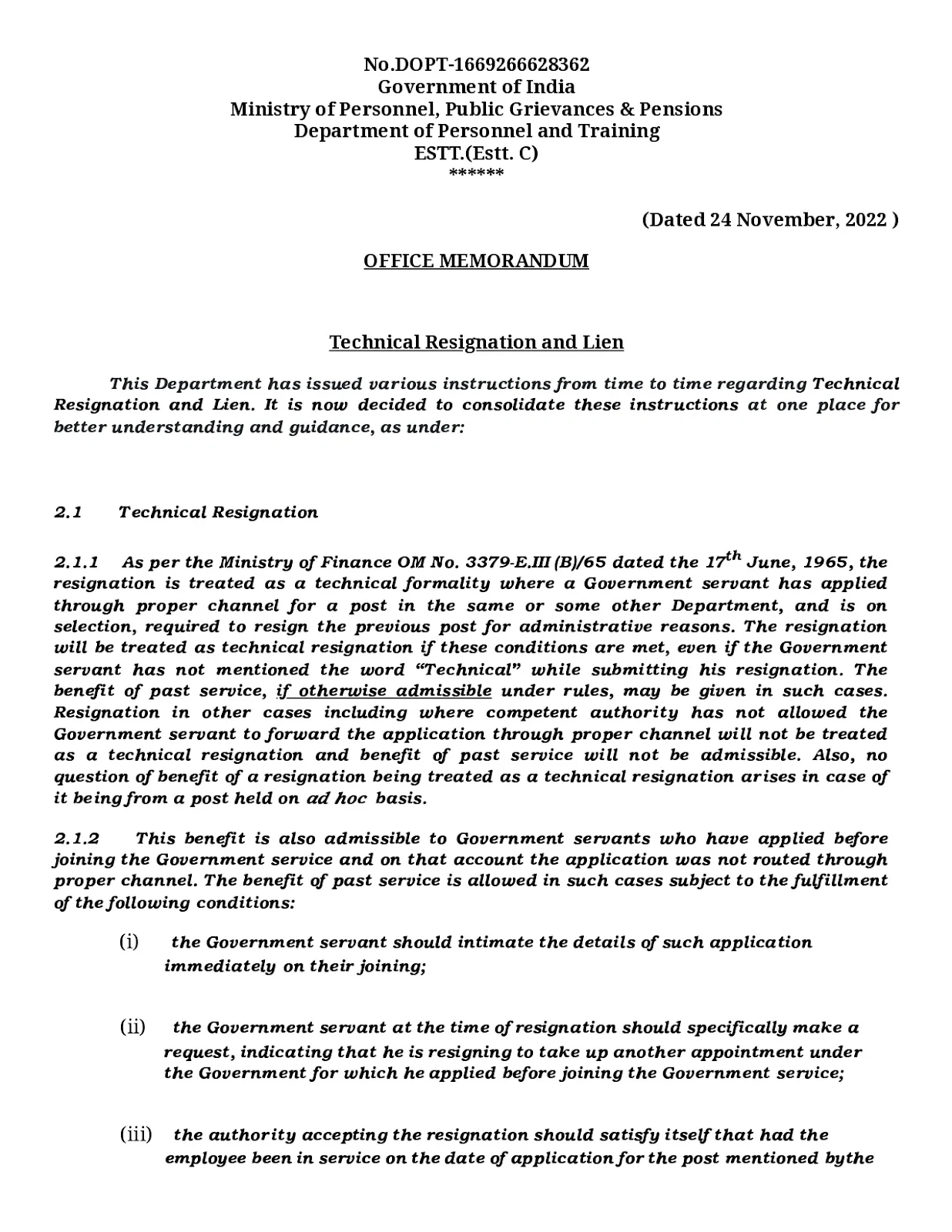 Technical Resignation and Lien Guidelines - DoPT